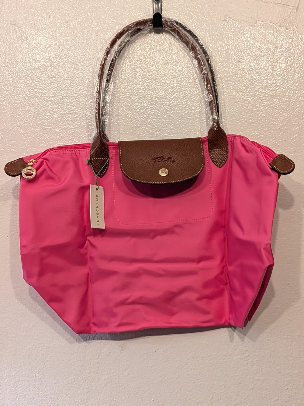 Longchamp Large Nylon Tote in Bright Pink with Brown Trim